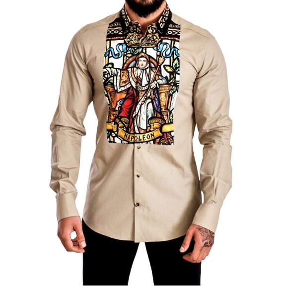 Dolce & Gabbana Beige Cotton Tuxedo Slim Designer Long Sleeve Shirt EU 40 | M - Picture 2 of 3